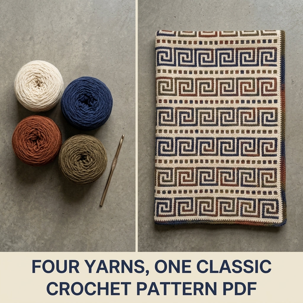Greek Key Mosaic Crochet Blanket Pattern PDF – Classic Throw in Navy, Rust and Olive