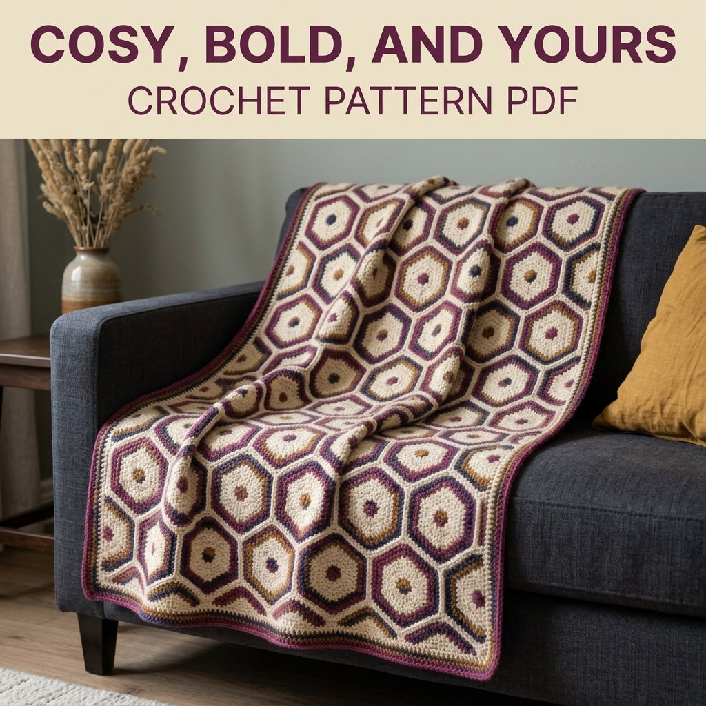 Honeycomb Crochet Blanket Pattern PDF – Hexagon Mosaic Throw in Plum, Mustard and Navy