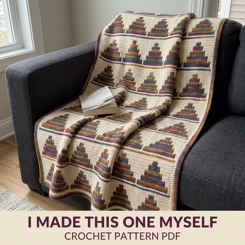 Stepped Pyramid Mosaic Crochet Blanket Pattern PDF – Striped Triangle Throw in Plum, Mustard and Teal