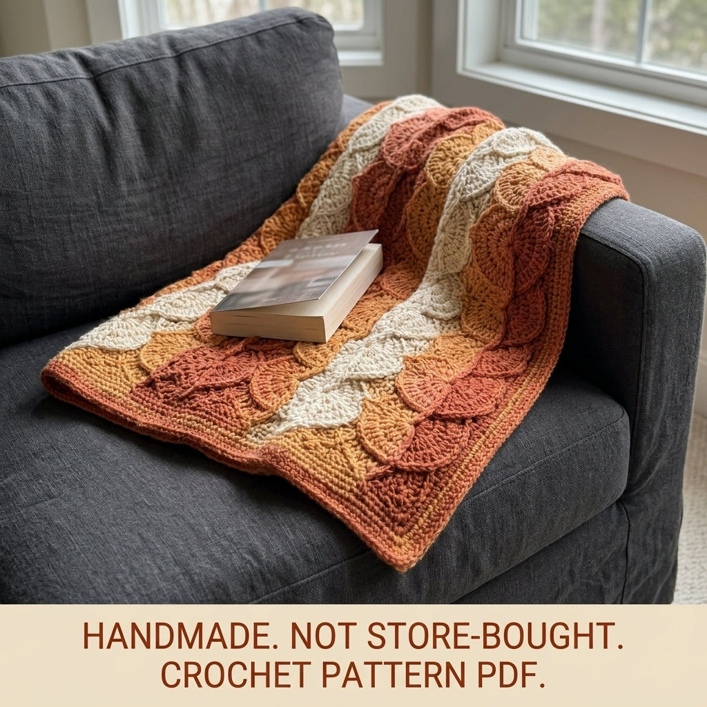 Catherine Wheel Crochet Blanket Pattern PDF – Textured Scalloped Throw in Rust, Orange and Cream