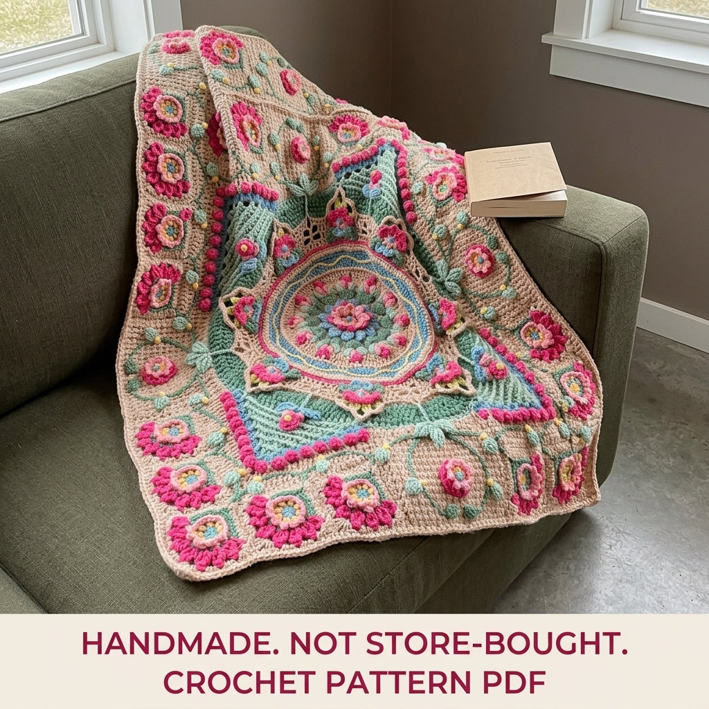 Rose Garden Overlay Blanket Crochet Pattern PDF – Raised Roses Mandala Throw