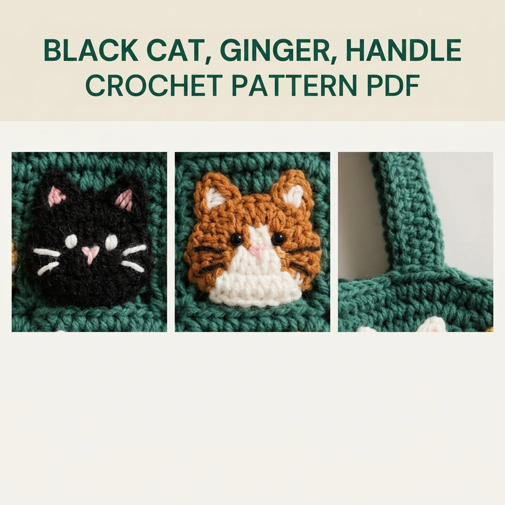 Cat Parade Tote Bag Crochet Pattern PDF – Cute Cat Face Appliqué Shoulder Bag