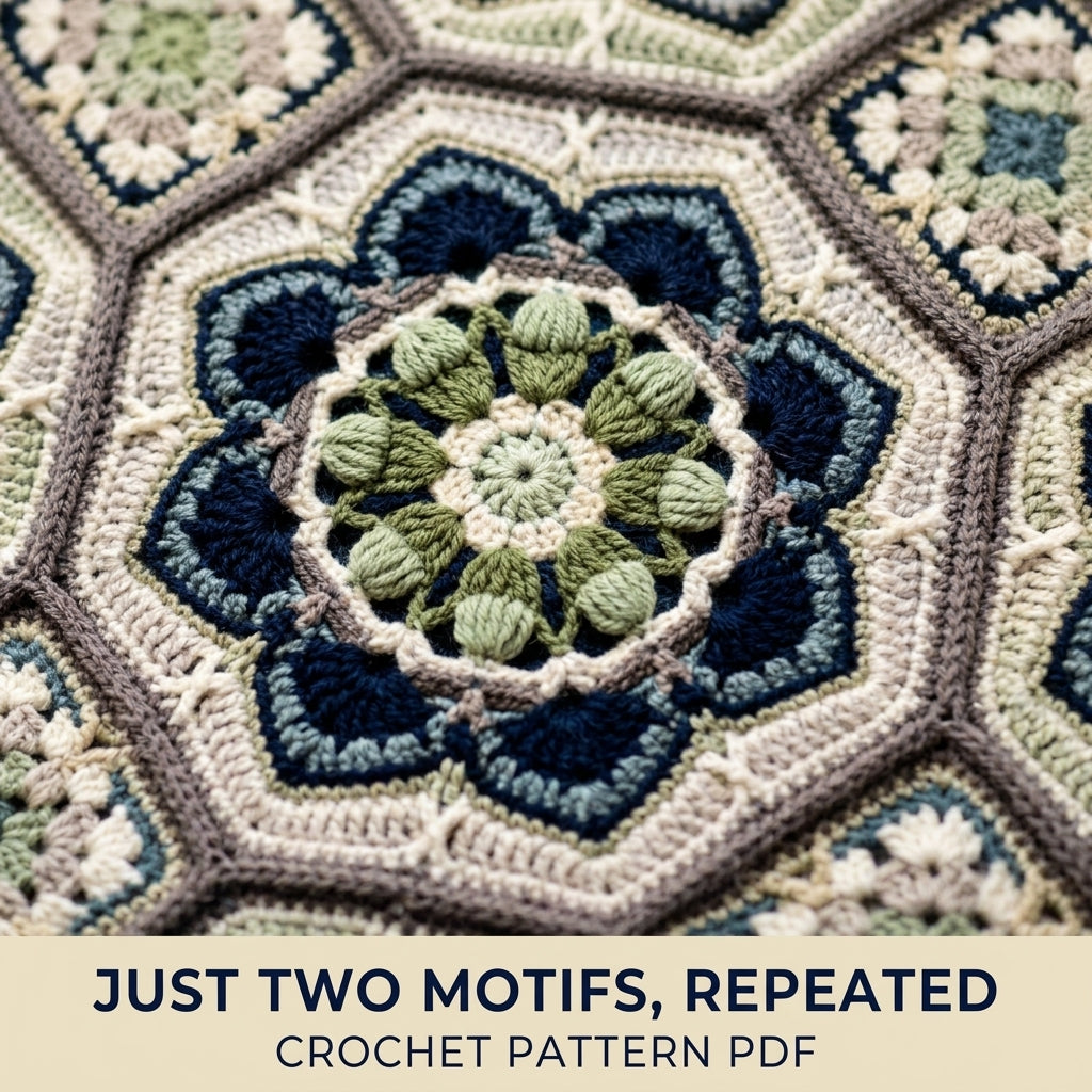 Sage Tile Medallion Crochet Blanket Pattern PDF – Octagon Motif Throw in Green and Navy
