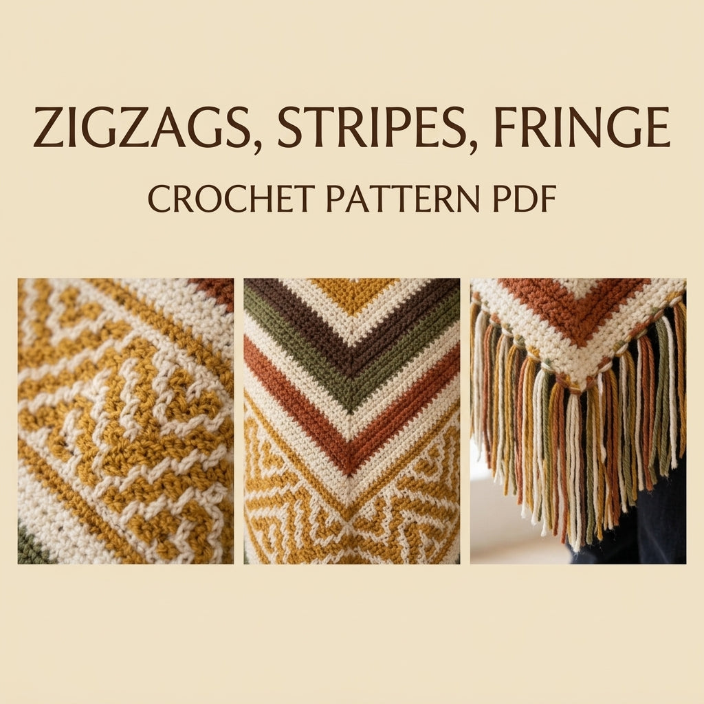 Harvest Mosaic Poncho Crochet Pattern PDF – Boho Fringe Poncho with Mosaic Colourwork Band