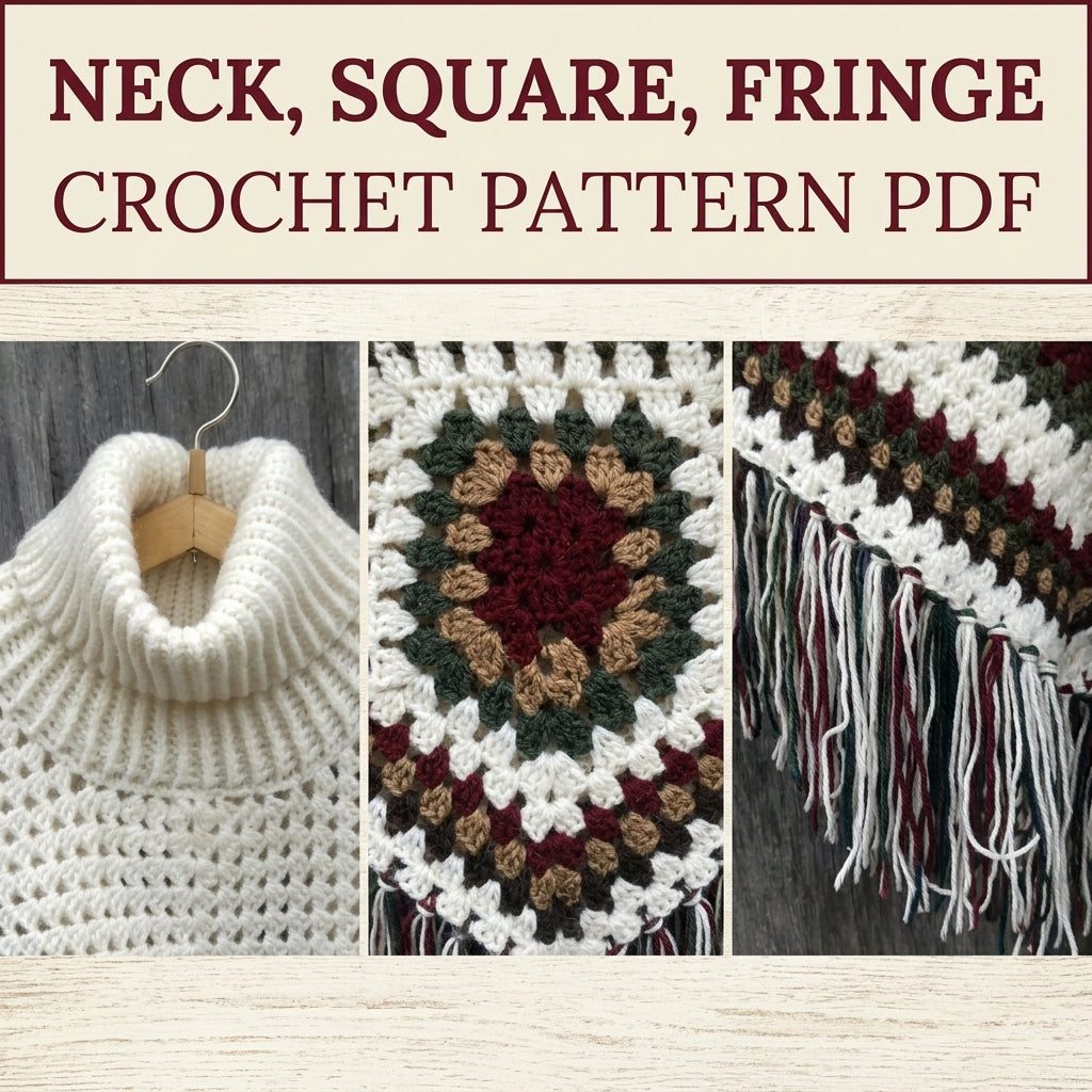 Turtleneck Granny Poncho Crochet Pattern PDF – Women's Poncho with Sleeves and Fringe
