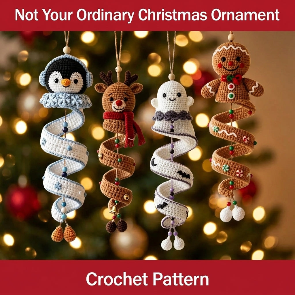 Spiral Christmas Ornament Crochet Pattern — Penguin, Reindeer, Ghost and Gingerbread Man, 4 Patterns in 1, US Terms, PDF Download