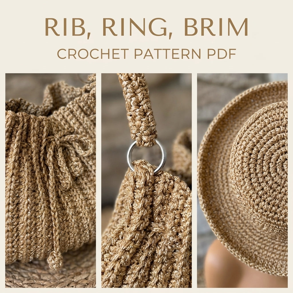 Golden Ribbed Drawstring Bag and Sun Hat Crochet Pattern PDF – Matching Summer Set