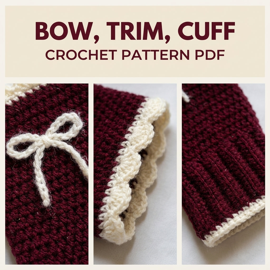 Bow Fingerless Gloves Crochet Pattern PDF – Burgundy Wrist Warmers with Scalloped Trim