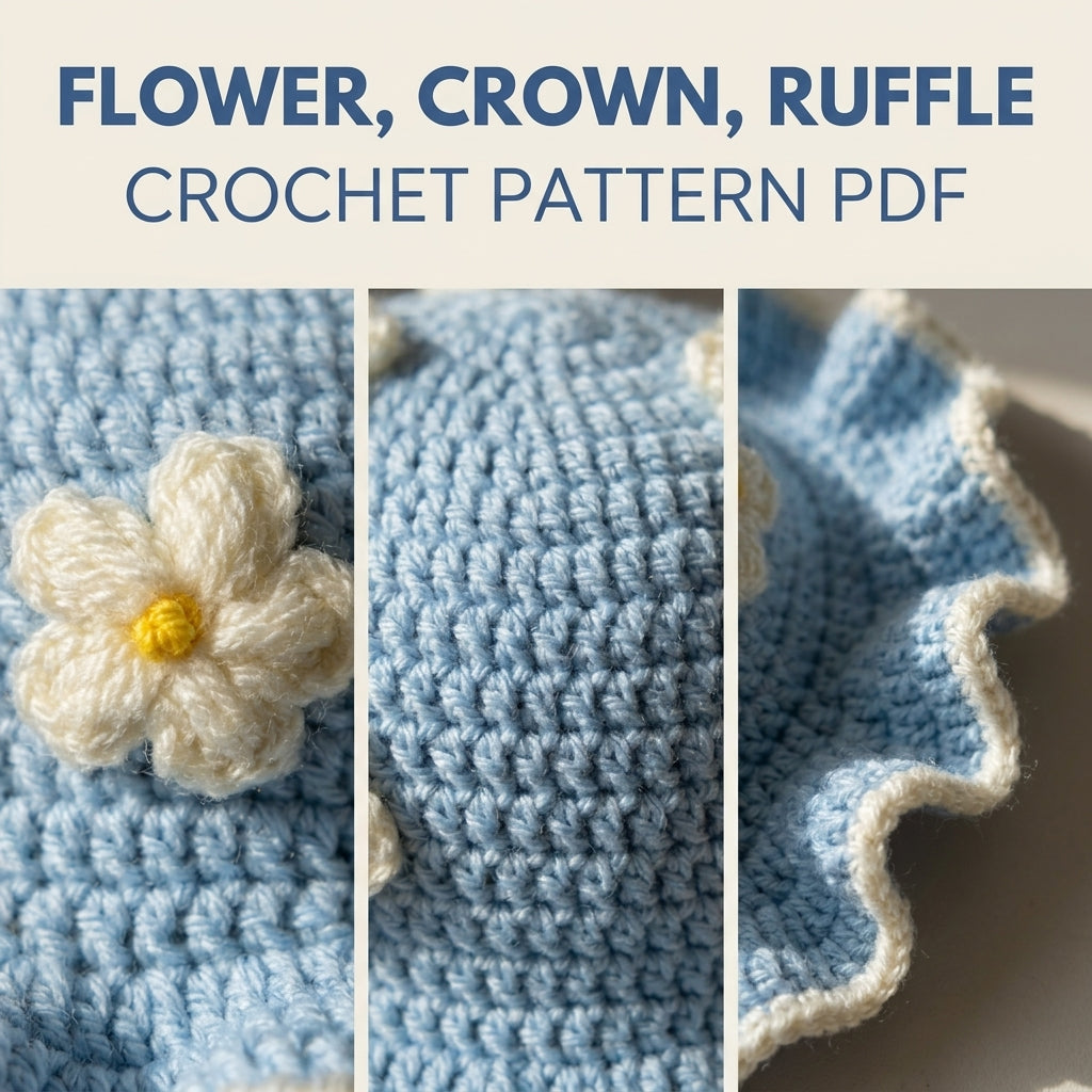 Blue Flower Ruffle Baby Hat Crochet Pattern PDF – Baby Sun Hat with Puff Flowers