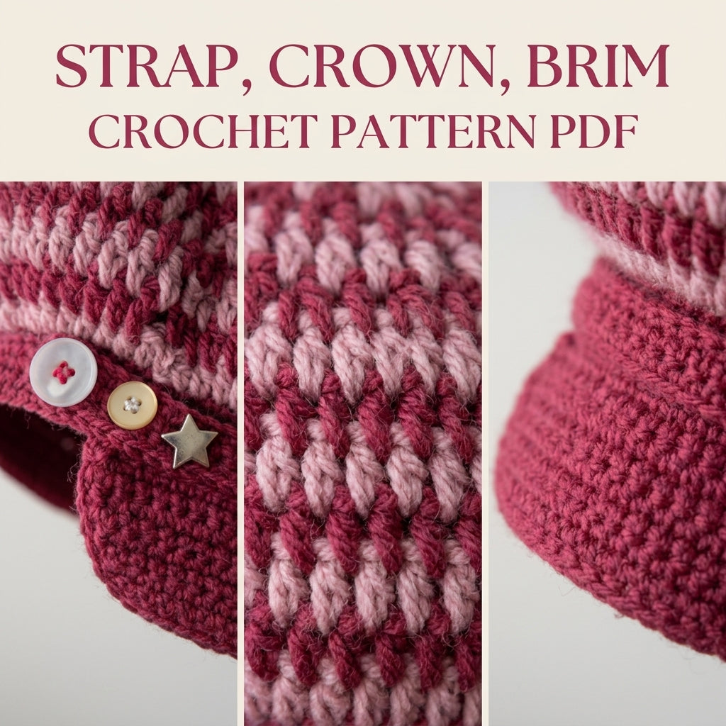 Raspberry Two-Tone Newsboy Cap Crochet Pattern PDF – Slouchy Brimmed Hat with Button Strap