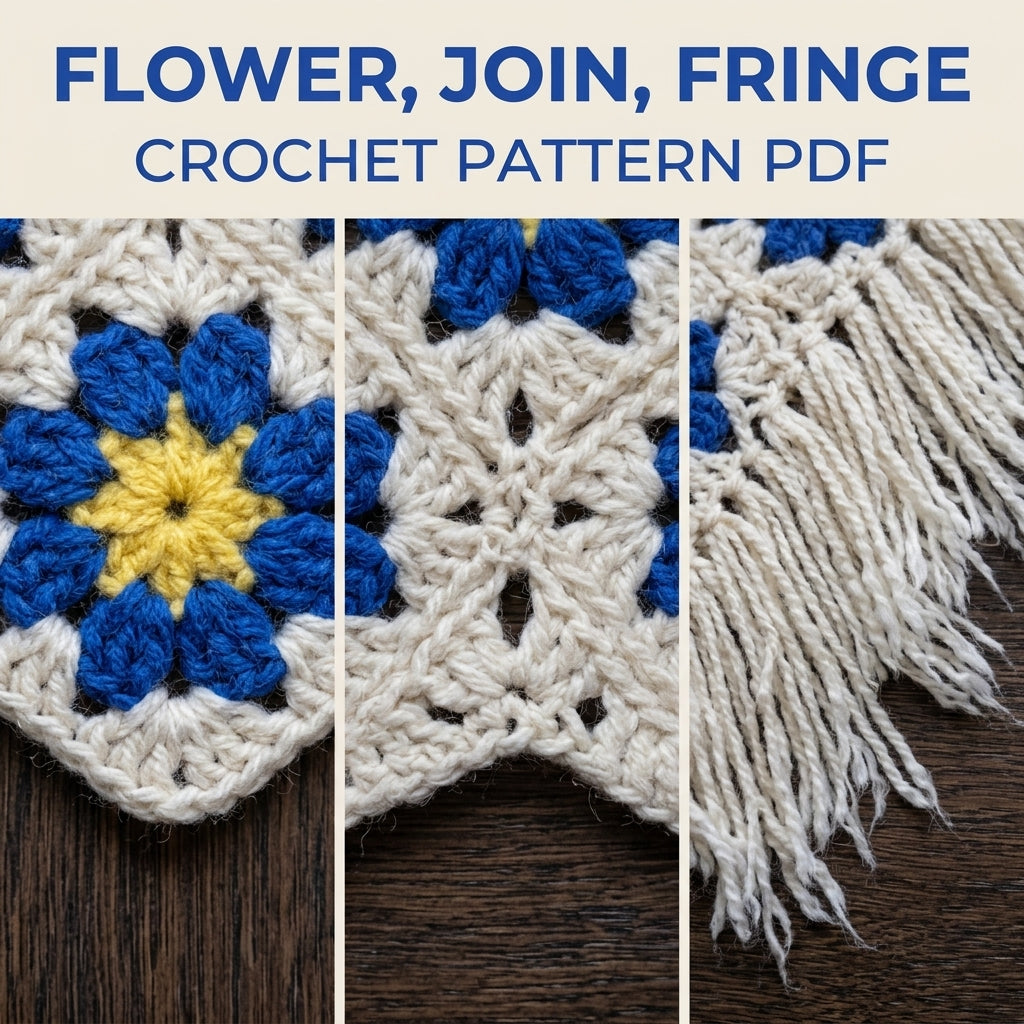 Blue and Yellow Granny Crochet Pattern PDF – Retro Flower Motif Poncho with Fringe