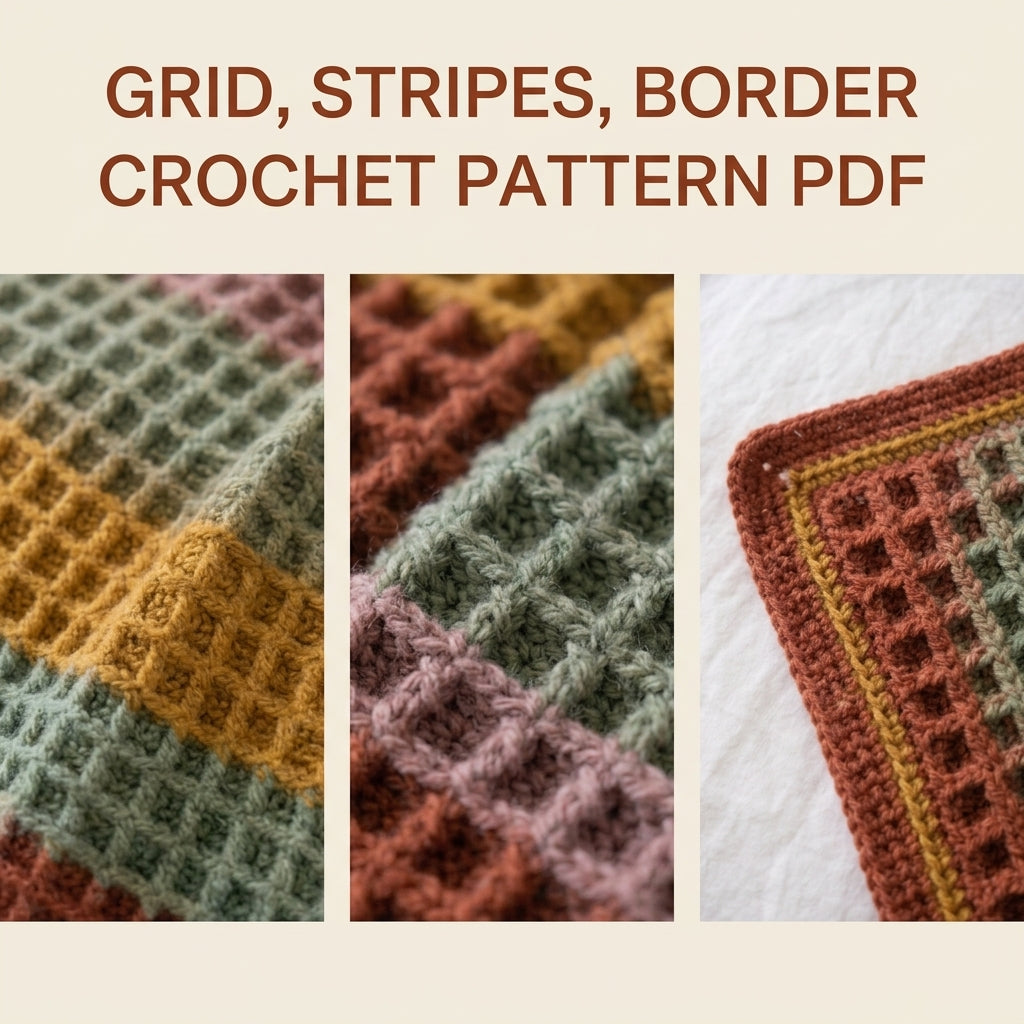 Waffle Stitch Crochet Blanket Pattern PDF – Easy Textured Striped Throw in Rust, Sage and Mustard