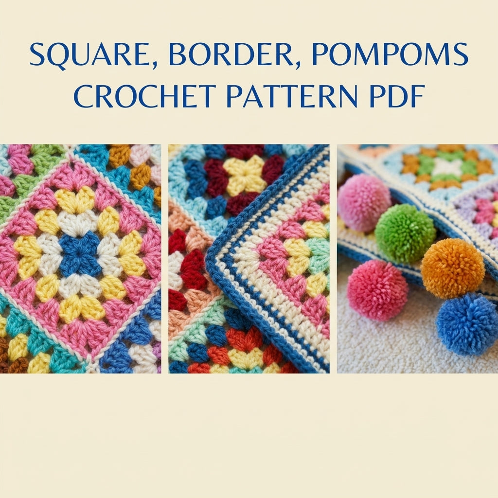 Rainbow Granny Square Pompom Blanket Crochet Pattern PDF – Scrap Throw with Pompoms