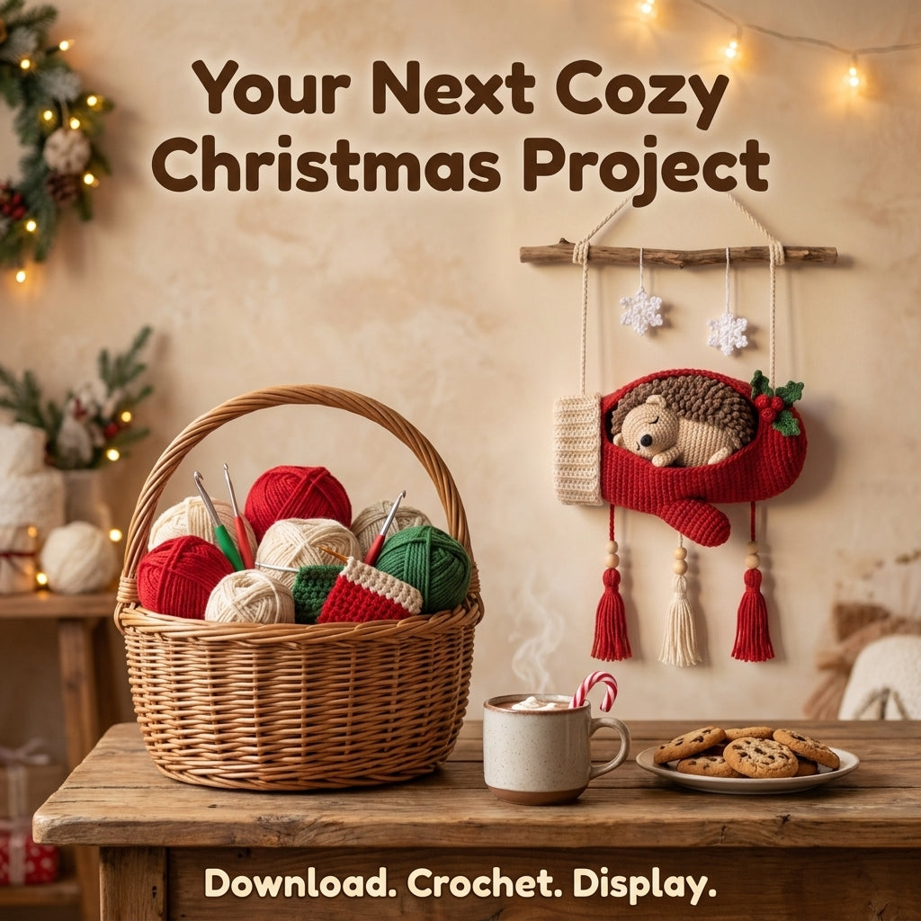 Crochet Mitten Wall Hanging Pattern – Sleeping Hedgehog in a Cozy Red Mitten