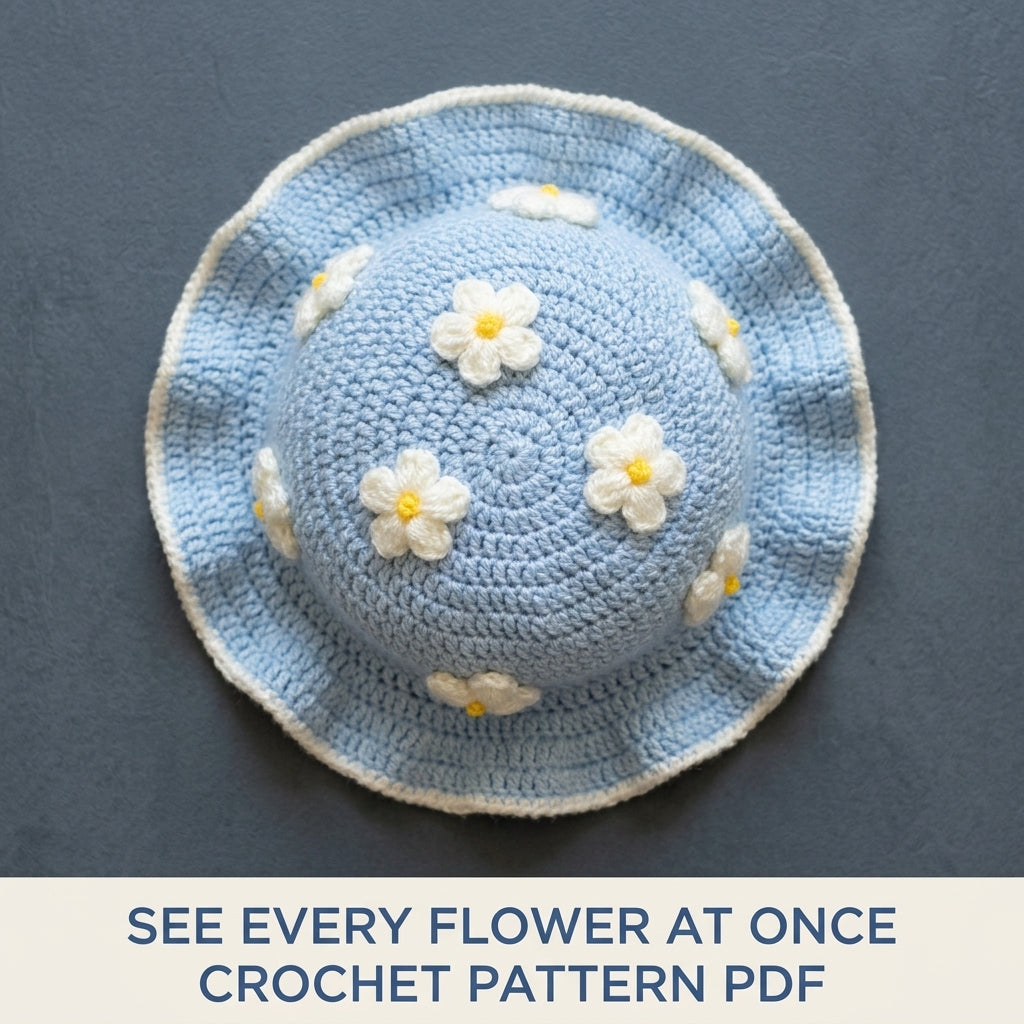 Blue Flower Ruffle Baby Hat Crochet Pattern PDF – Baby Sun Hat with Puff Flowers