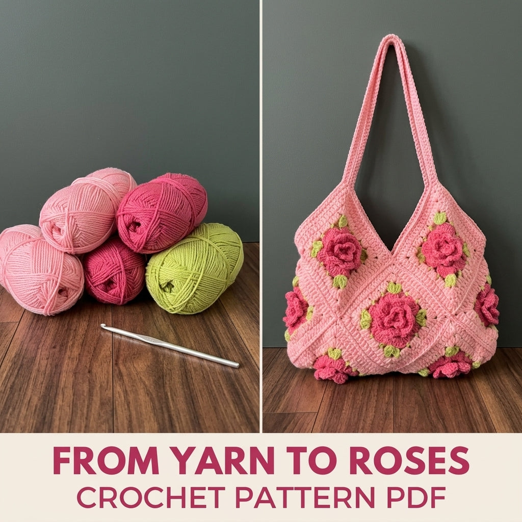 Pink Rose Granny Square Bag Crochet Pattern PDF – 3D Rose Shoulder Bag
