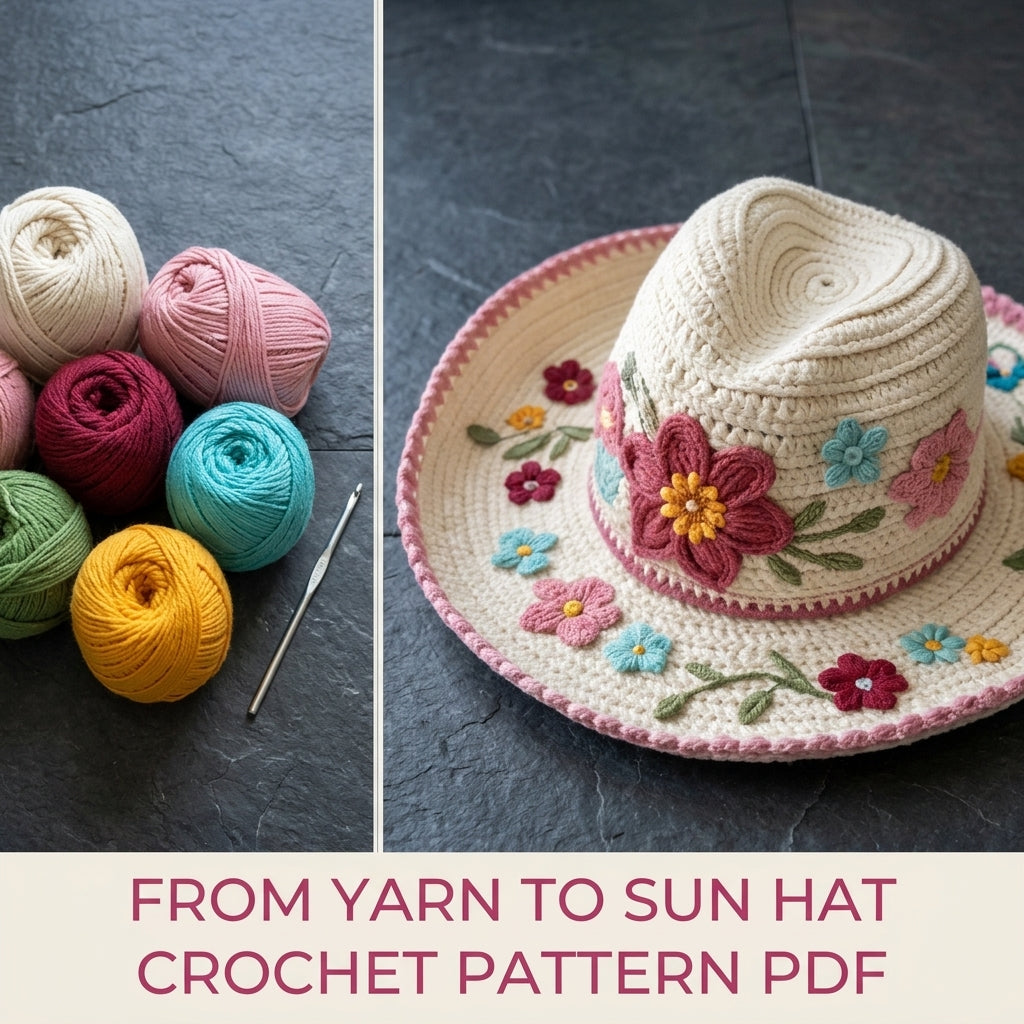 Embroidered Flower Sun Hat Crochet Pattern PDF – Wide Brim Hat with Embroidered Flowers