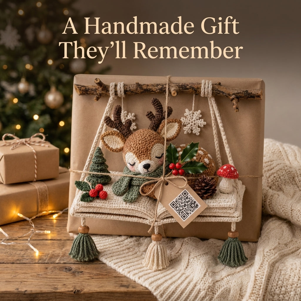 Christmas Wall Hanging Crochet Pattern — Sleeping Deer Scene on an Open Book with Tassels, US Terms, PDF Download