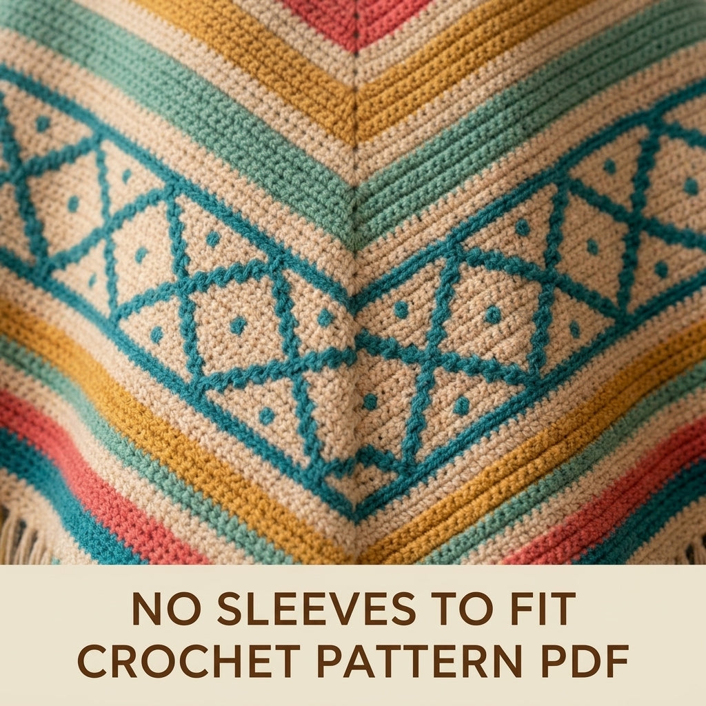Coastal Lattice Poncho Crochet Pattern PDF – Boho Fringe Poncho with Mosaic Colourwork Band