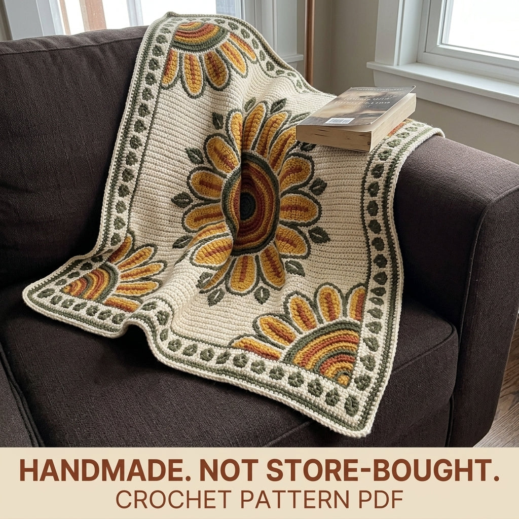 Sunflower Tapestry Crochet Blanket Pattern PDF – Floral Medallion Throw in Mustard, Rust and Olive