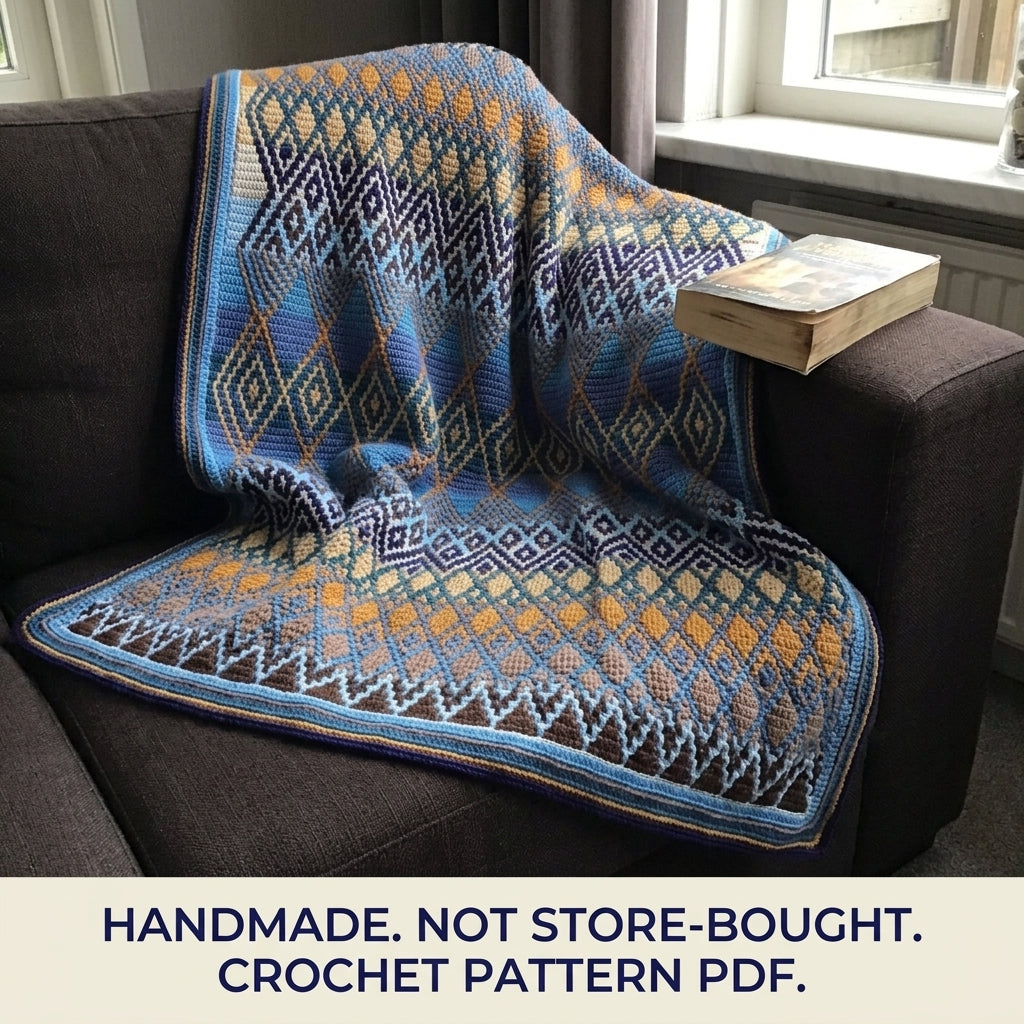 Blue Diamond Mosaic Crochet Blanket Pattern PDF – Geometric Throw in Blue and Mustard
