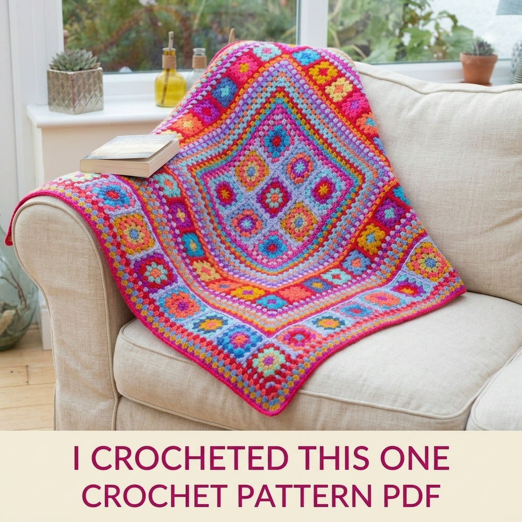 Sunset Granny Medallion Blanket Crochet Pattern PDF – Bright Pink and Orange Granny Throw