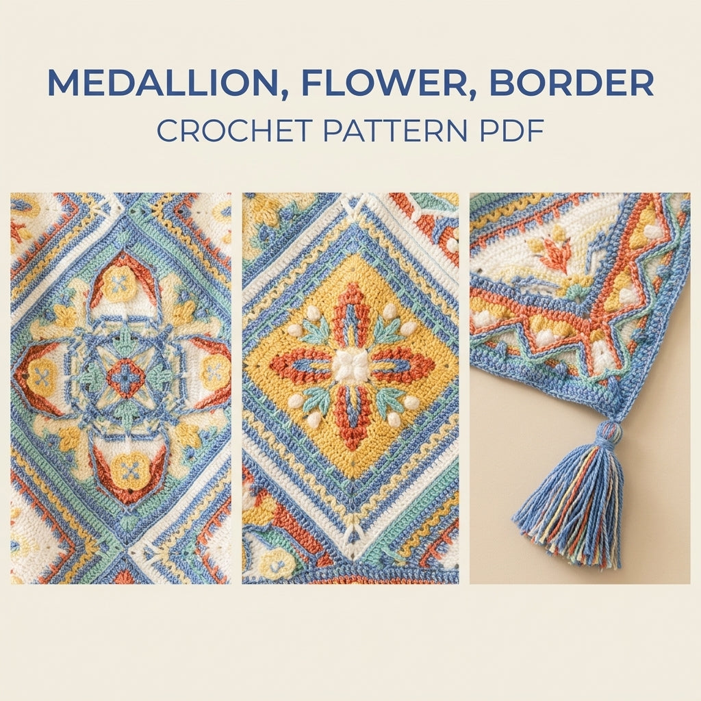Blue Medallion Overlay Blanket Crochet Pattern PDF – Blue Medallion with Zigzag Border