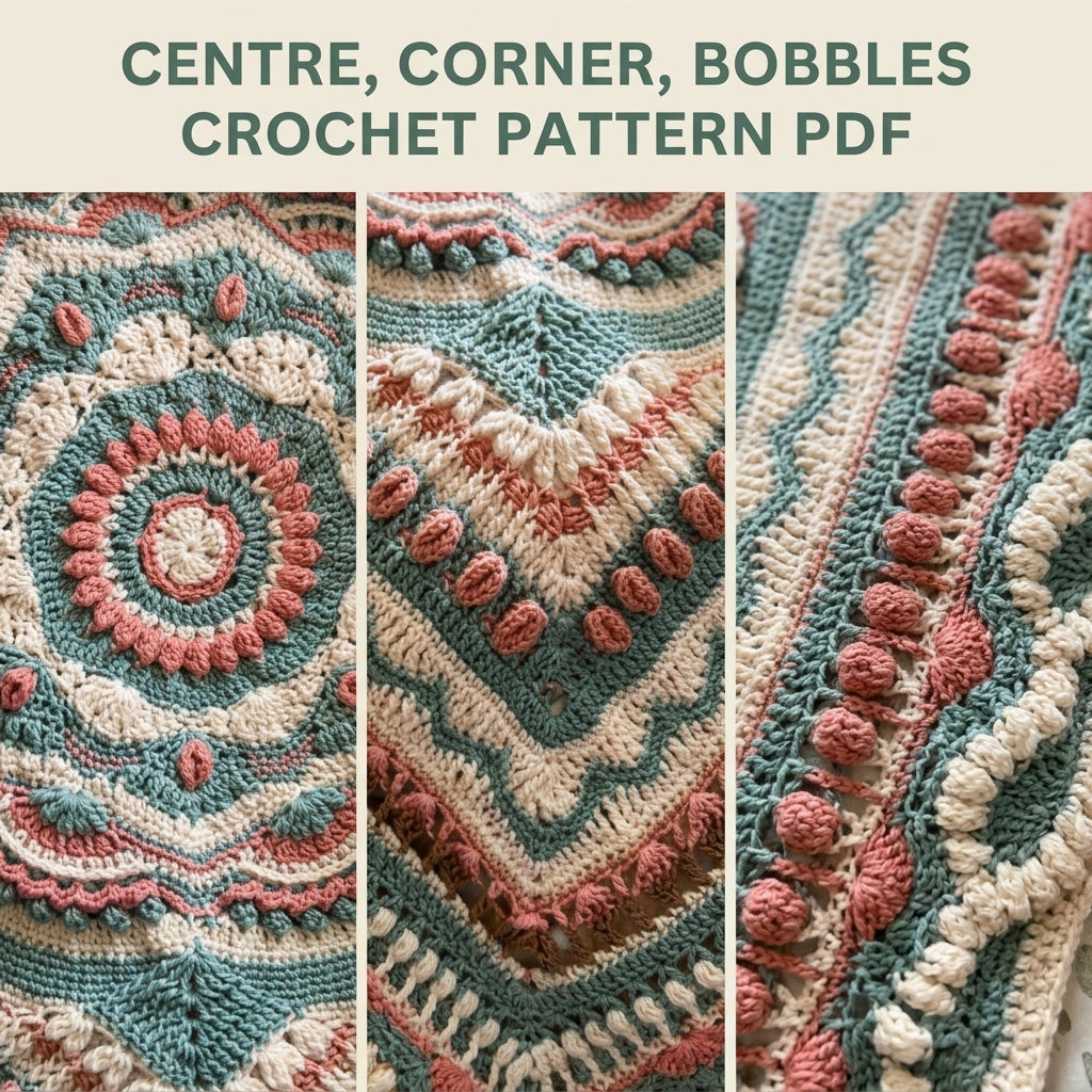 Sage Bloom Textured Crochet Blanket Pattern PDF – Sage, Cream and Coral Bobble Mandala Throw