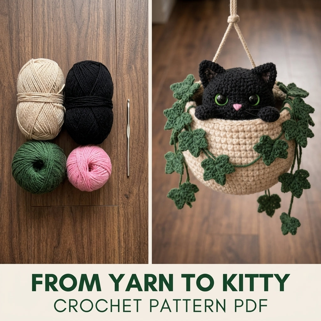 Black Cat Ivy Hanging Basket Crochet Pattern PDF – Window Decor