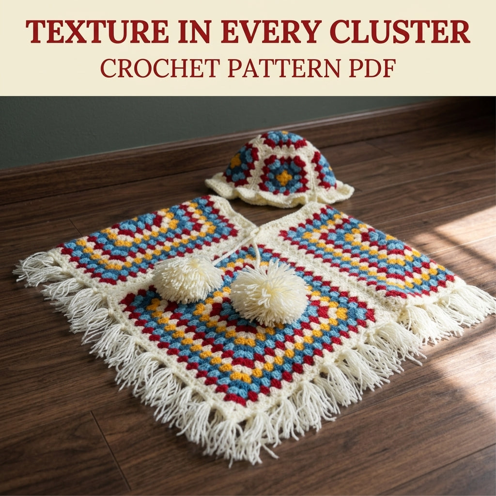 Granny Poncho and Hat Set Crochet Pattern PDF – Kids Retro Poncho with Fringe