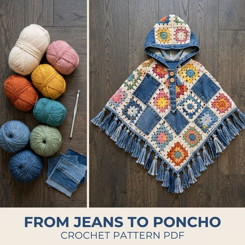 Denim Granny Square Poncho Crochet Pattern PDF – Kids Hooded Poncho