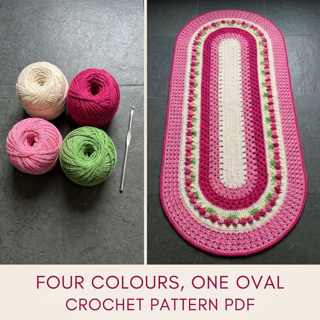 Rosebud Oval Granny Runner Crochet Pattern PDF – Oval Table Runner or Rug