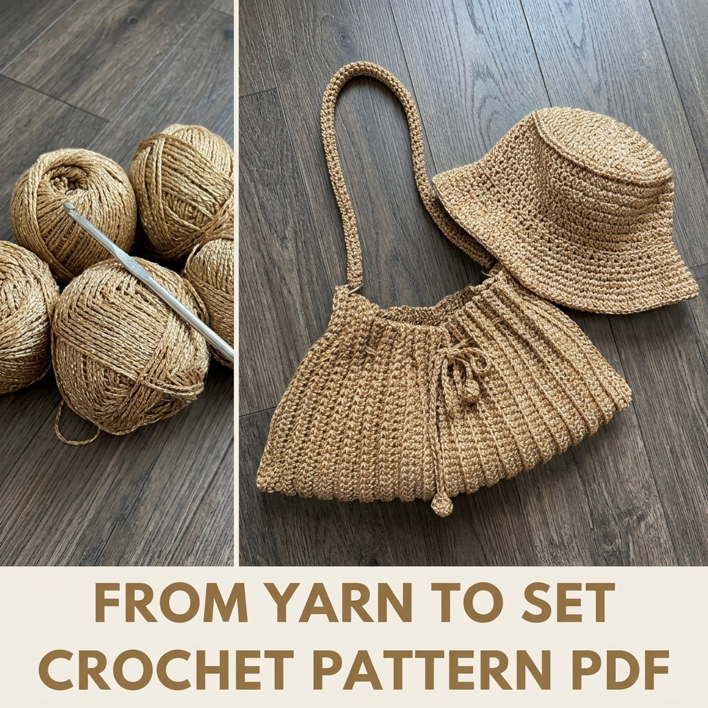 Golden Ribbed Drawstring Bag and Sun Hat Crochet Pattern PDF – Matching Summer Set