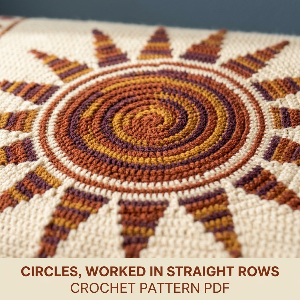 Sunburst Mosaic Crochet Blanket Pattern PDF – Sun Throw in Rust, Mustard and Plum with Triangle Border