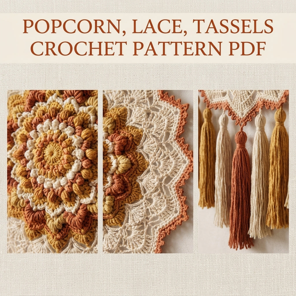 Popcorn Mandala Tassel Wall Hanging Crochet Pattern PDF – Boho Wall Decor