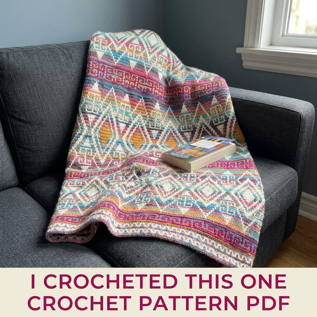 Variegated Mosaic Crochet Blanket Pattern PDF – Rainbow Band Throw with Greek Key