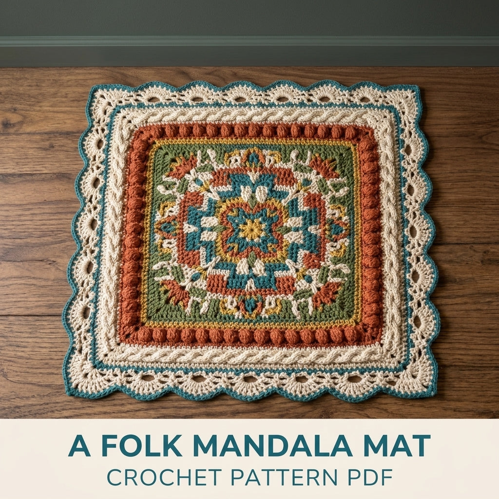 Folk Mandala Square Table Mat Crochet Pattern PDF – Textured Centrepiece