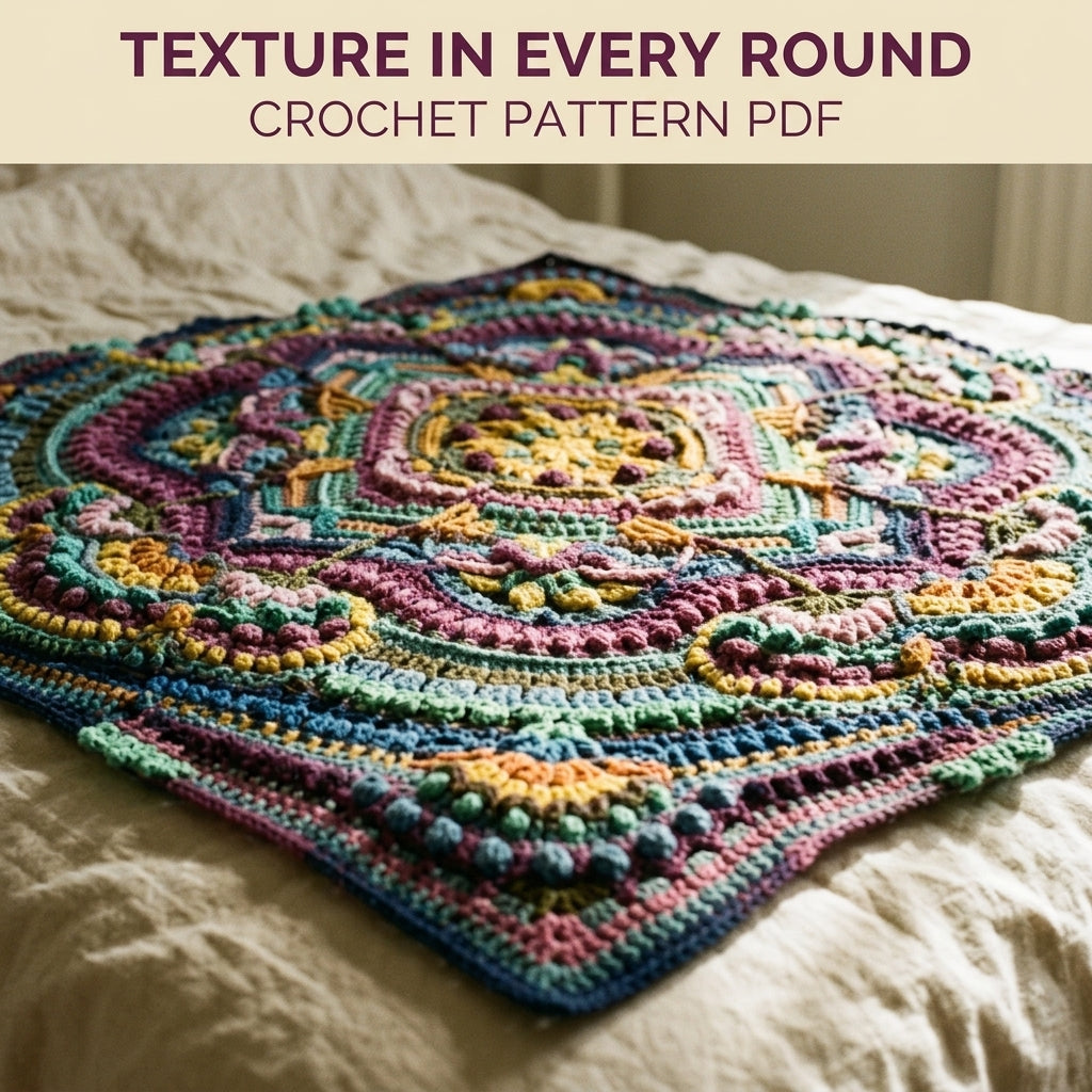 Jewel Mandala Crochet Blanket Pattern PDF – Textured Overlay Square Throw in Rounds