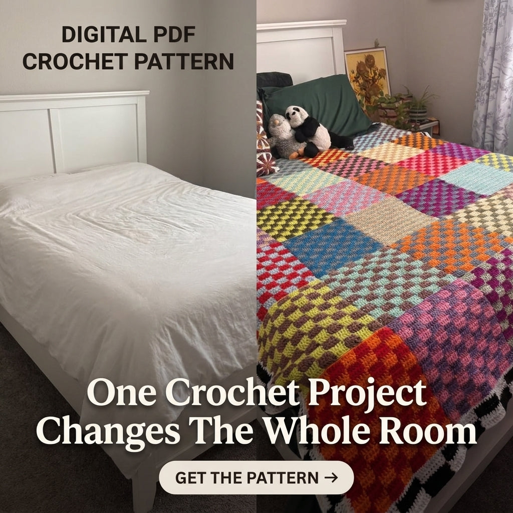 Checkered Patchwork Blanket Crochet Pattern – Colorful Scrap Yarn Throw