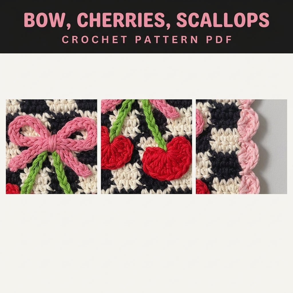 Cherry Bow Gingham Mini Banner Crochet Pattern PDF – Retro Wall Decor
