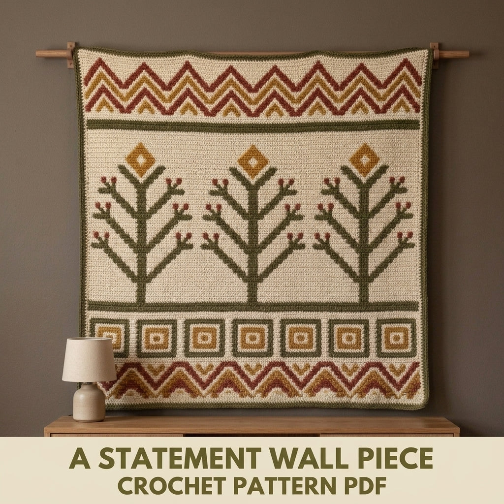Tree of Life Tapestry Crochet Wall Hanging Pattern PDF – Trees and Chevrons in Olive, Rust and Mustard