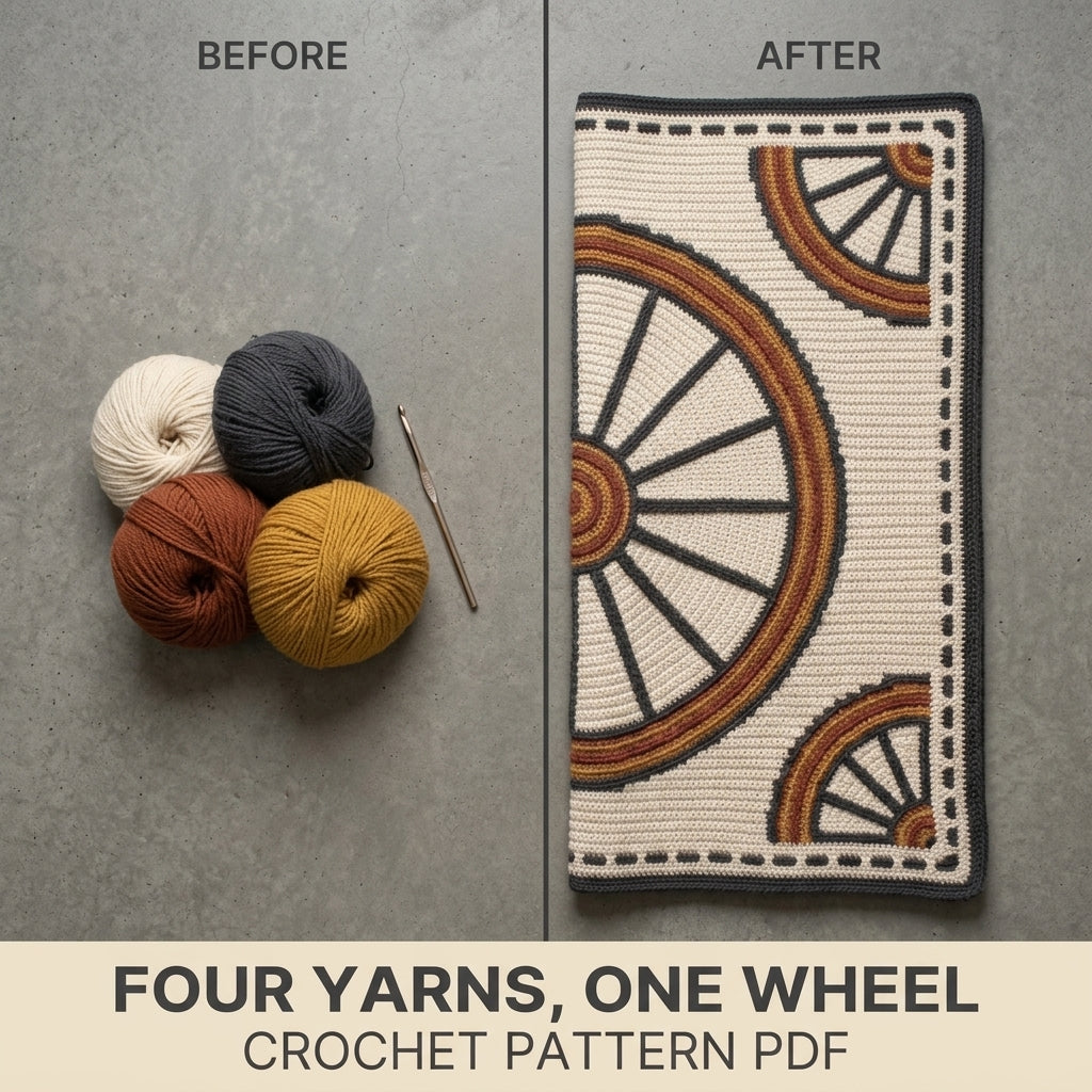 Wagon Wheel Tapestry Crochet Blanket Pattern PDF – Rustic Throw in Charcoal, Rust and Mustard