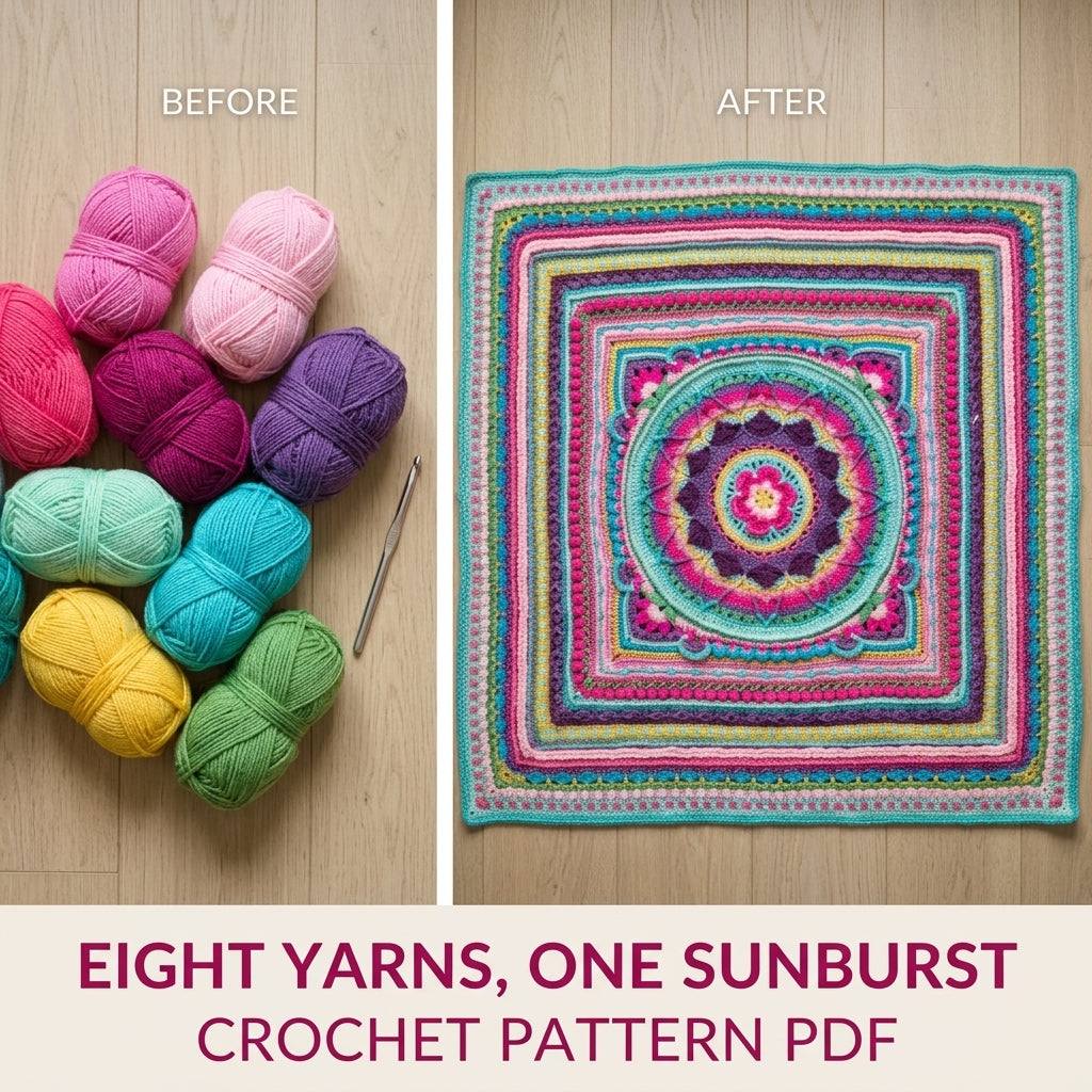 Candy Sunburst Mandala Blanket Crochet Pattern PDF – Bright Textured Square Throw