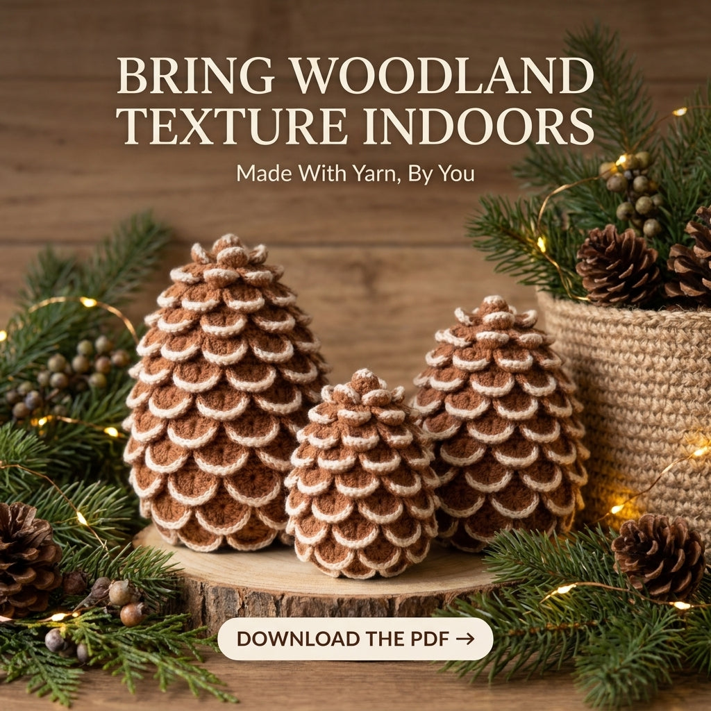 Crochet Pine Cone Pattern – 3 Sizes, Snow-Tipped Scales, Fall to Christmas Décor