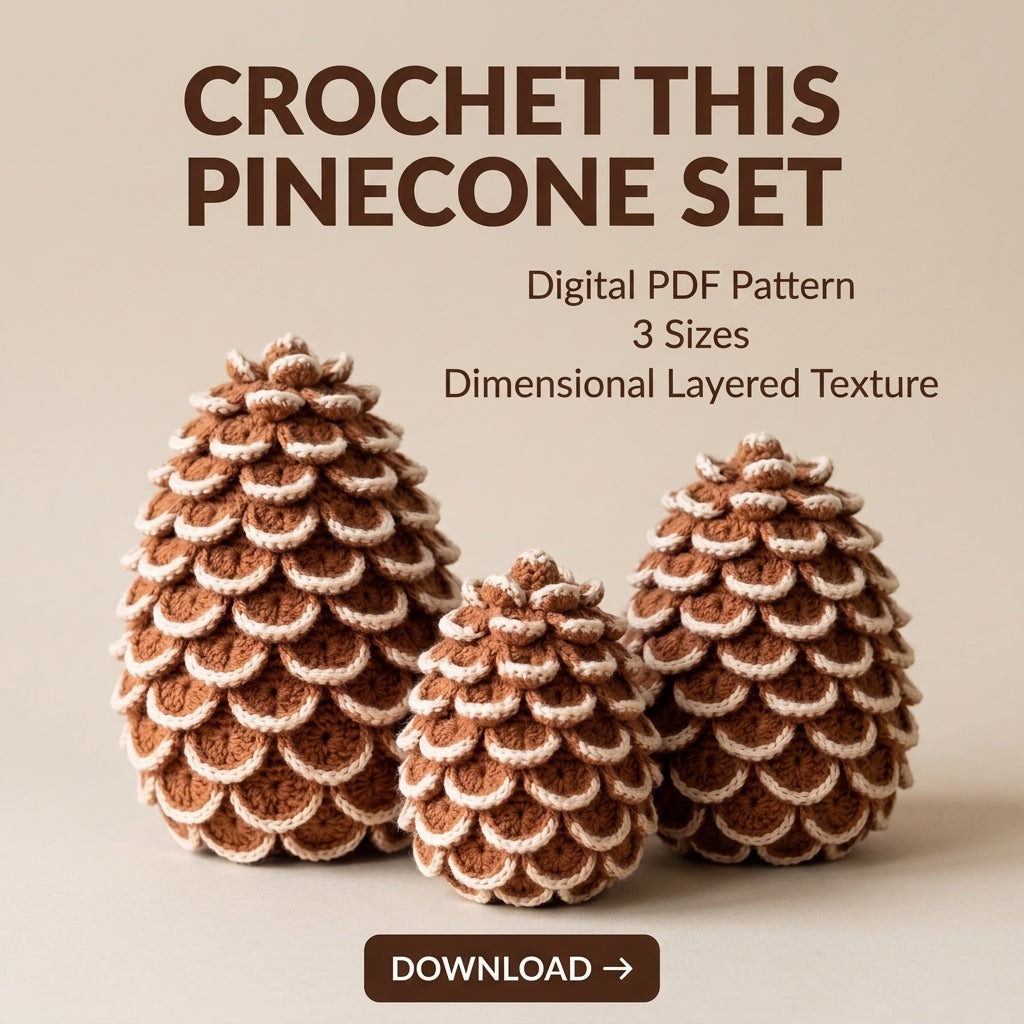 Crochet Pine Cone Pattern – 3 Sizes, Snow-Tipped Scales, Fall to Christmas Décor