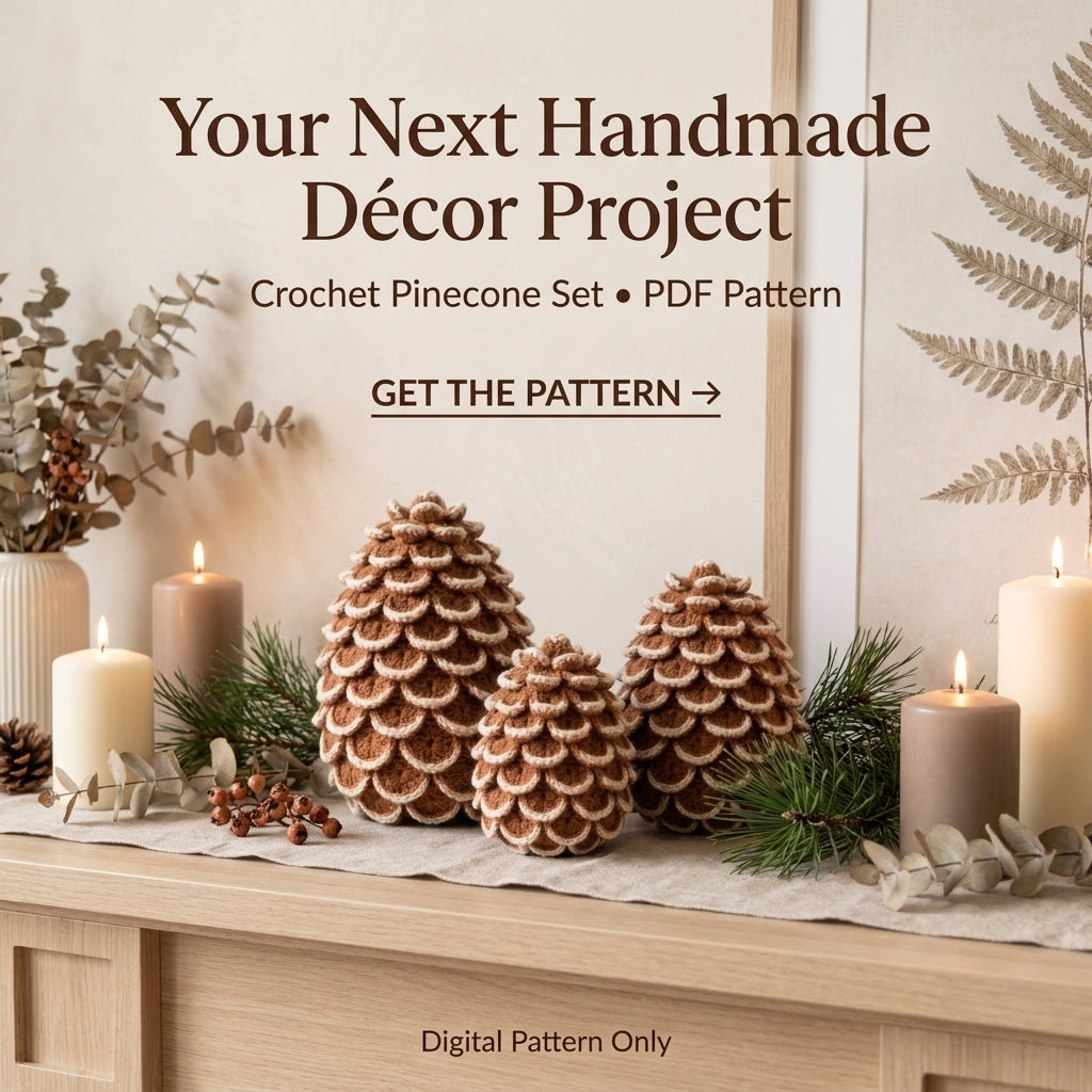 Crochet Pine Cone Pattern – 3 Sizes, Snow-Tipped Scales, Fall to Christmas Décor