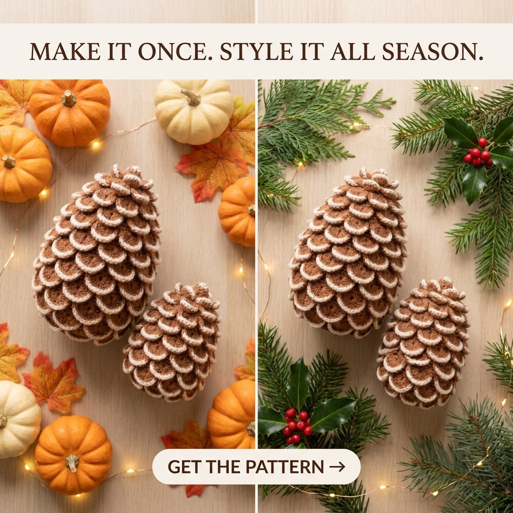 Crochet Pine Cone Pattern – 3 Sizes, Snow-Tipped Scales, Fall to Christmas Décor