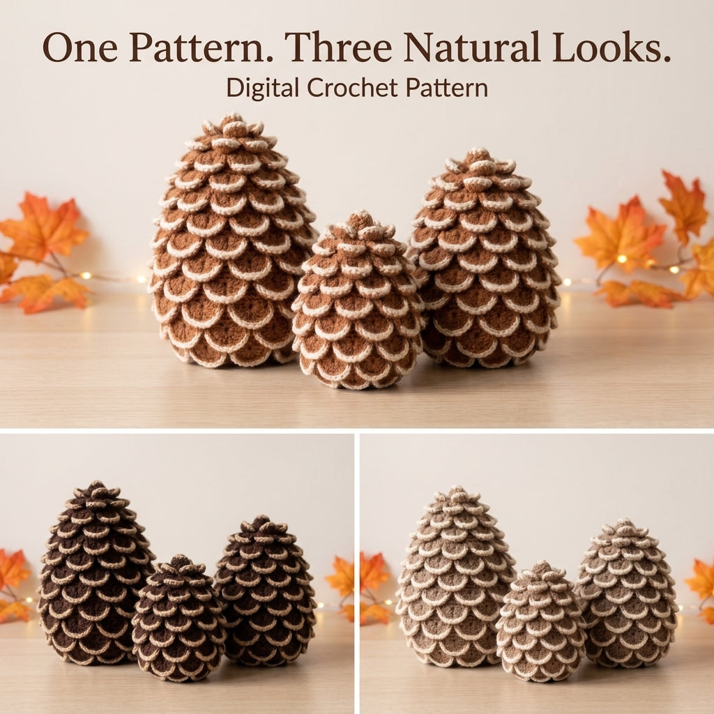 Crochet Pine Cone Pattern – 3 Sizes, Snow-Tipped Scales, Fall to Christmas Décor