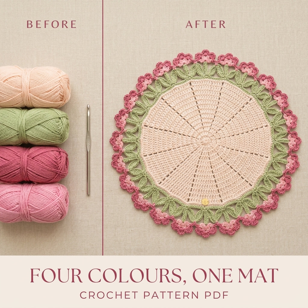 Rose Tulip Edge Placemat Crochet Pattern PDF – Round Table Mat with Flower Edge
