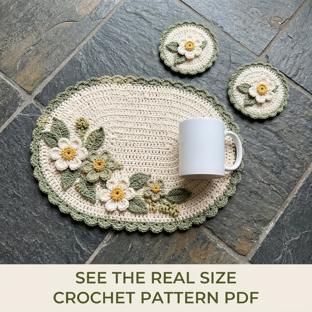 Daisy Placemat and Coaster Set Crochet Pattern PDF – Table Mat with 3D Flowers
